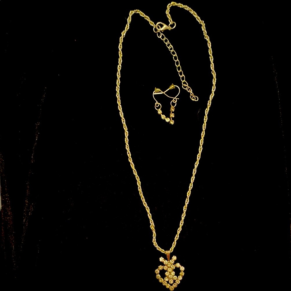 Gold Heart Pendant Necklace and Earrings Set